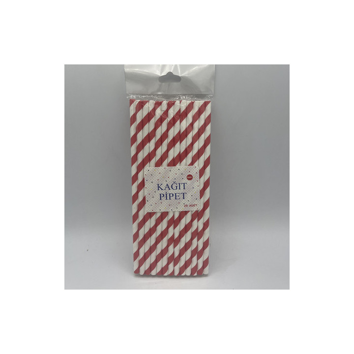 Kırmızı beyaz çizgili kağıt pipet 25li