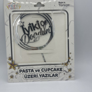 Balonlu iyiki doğdun pleksi Gümüş renk pasta yazısı