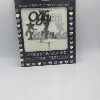 Oğlum 1 yaşında pleksi Gümüş renk pasta yazısı