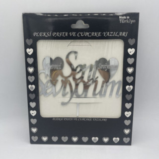 Seni seviyorum çift kalpli pleksi Gümüş renk pasta yazısı