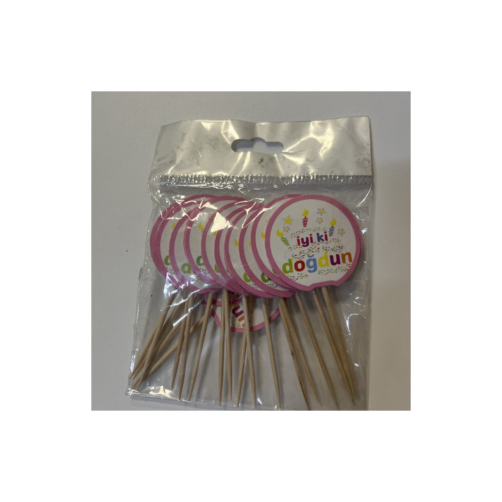 Yuvarlak pembe iyiki doğdun yazılı kürdan seti 20li